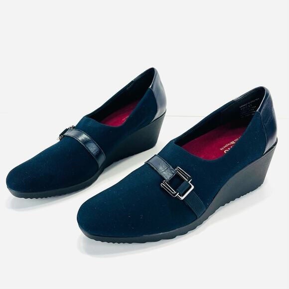 Munro Mindy Wedge Pump Size 10.5 Navy Blue Fabric & Leather Comfort Low Platform - Picture 2 of 14